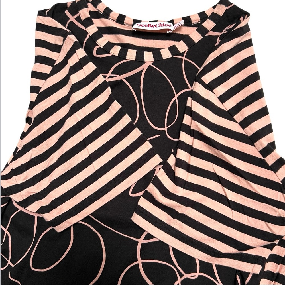 SEE BY CHLOE Black and White Graphic Boxy Tee Striped Nautical Artsy Coastal - Picture 12 of 16